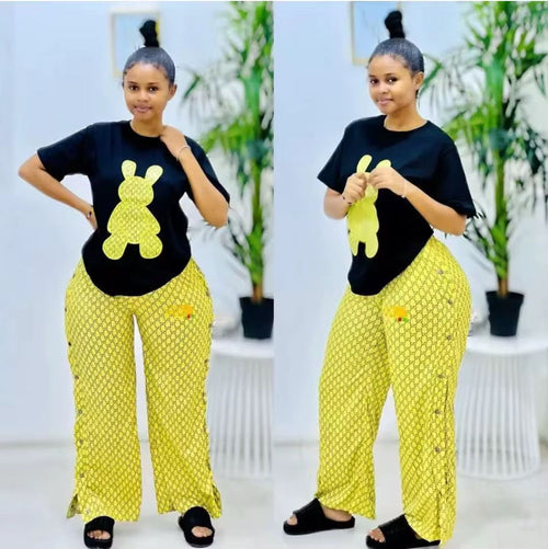 Women's Casual 2-Piece Lounge Set -Black & Yellow